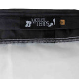Close-up of the of black Mother Terps bubble bag, showing the black brand label with white text and a small brown size tag marked '90'.