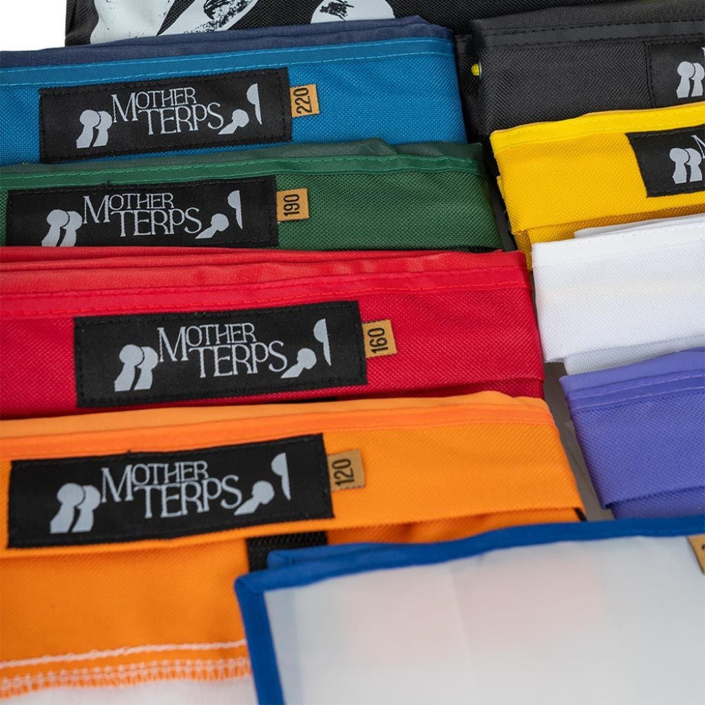 A set of Mother Terps Bubble Bags close up, showing orange, red, green, blue, purple, white, yellow and black including screen