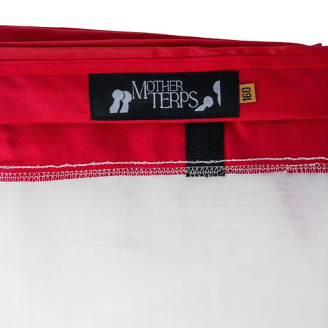 Close-up of a red Mother Terps bubble bag product with a black brand label and a small yellow size tag reading 160, shown against a white background.