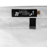Close-up of a white Mother Terps Bubble Bag with a black woven brand label reading 'MOTHER TERPS' and a small tan size tag marked '45'.