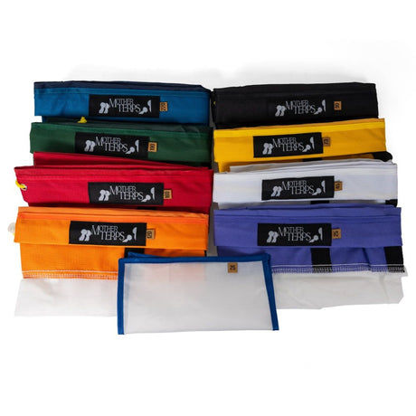 A set of Mother Terps Bubble Bags in various colors including blue, black, green, yellow, red, white, orange, and purple, arranged in two columns on a white background.