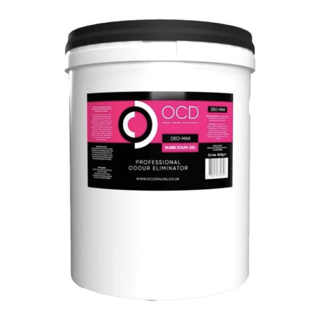 OCD-bubblegum-Gel-22-litre bucket of OCD Professional Odour Eliminator DEO-in a 25kg size, featuring a black lid and a black and pink label.