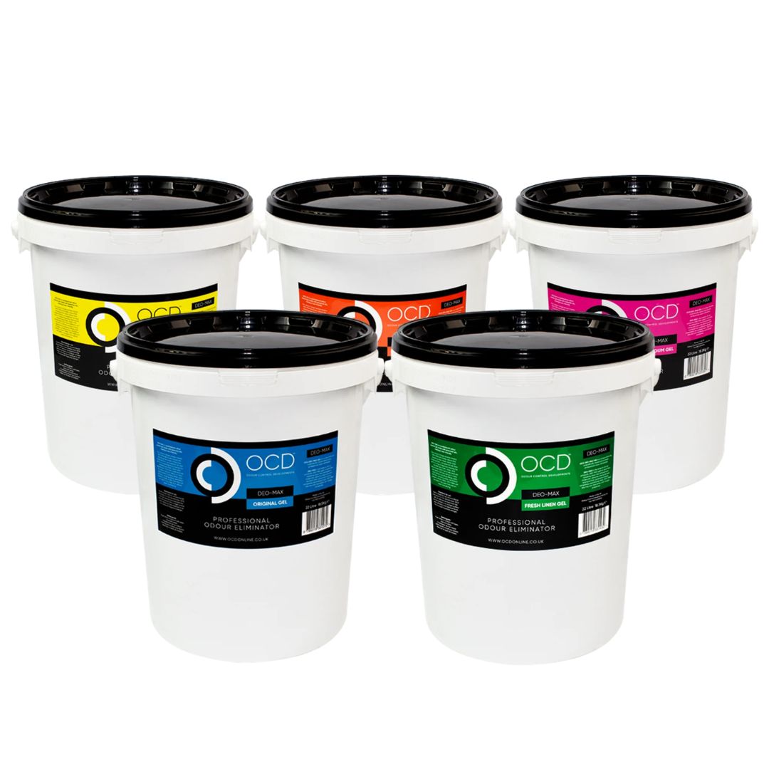 Five OCD-group-Gel-22-litre buckets with black lids, arranged in two rows. Each bucket has a different colored label (yellow, orange, pink, blue, green) featuring the brand name 'OCD'.