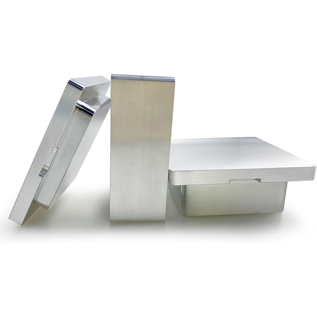 A metal pre-press rosin mould with a brushed silver finish, shown on a clean white background.