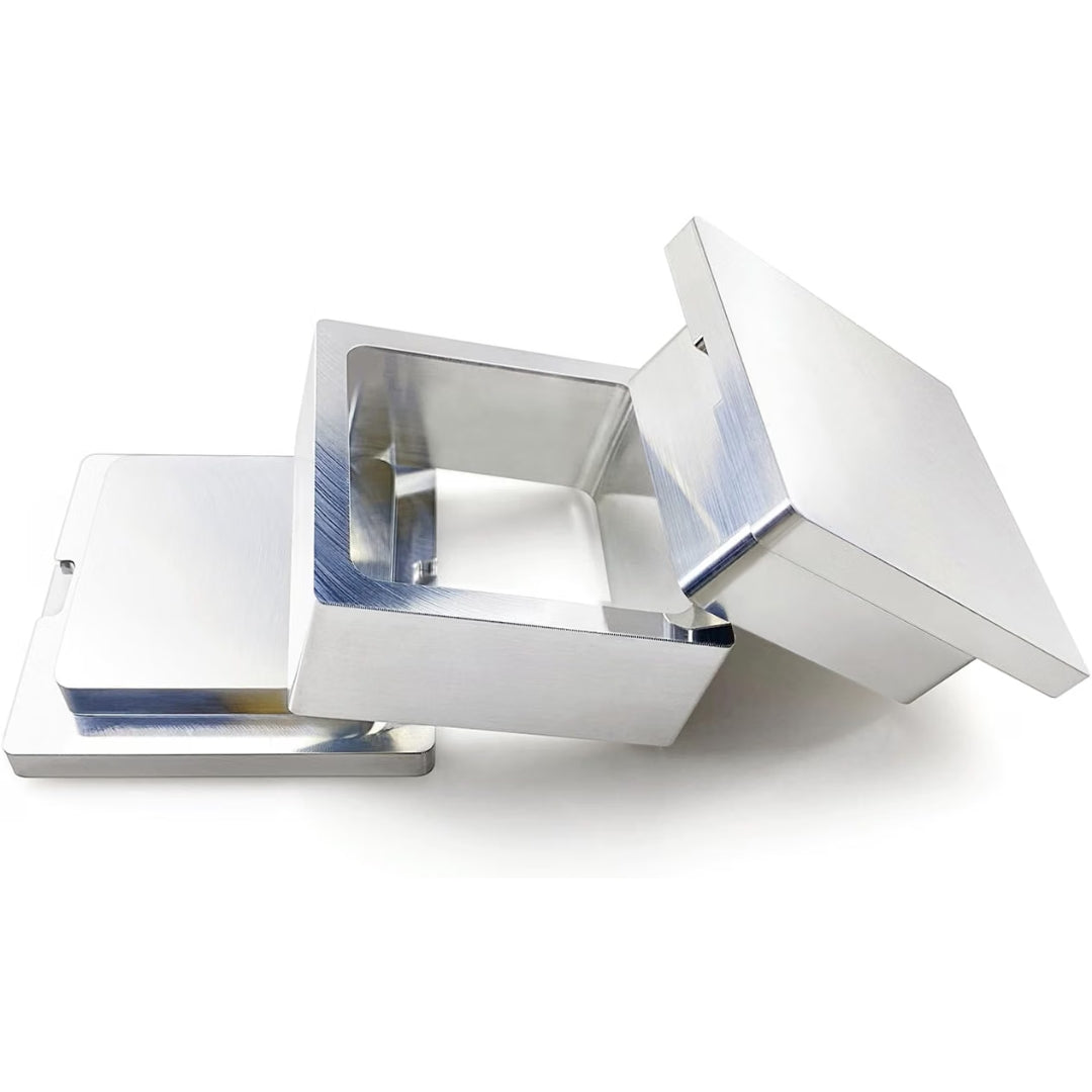 A metal pre-press rosin mould with a brushed silver finish, shown on a clean white background.