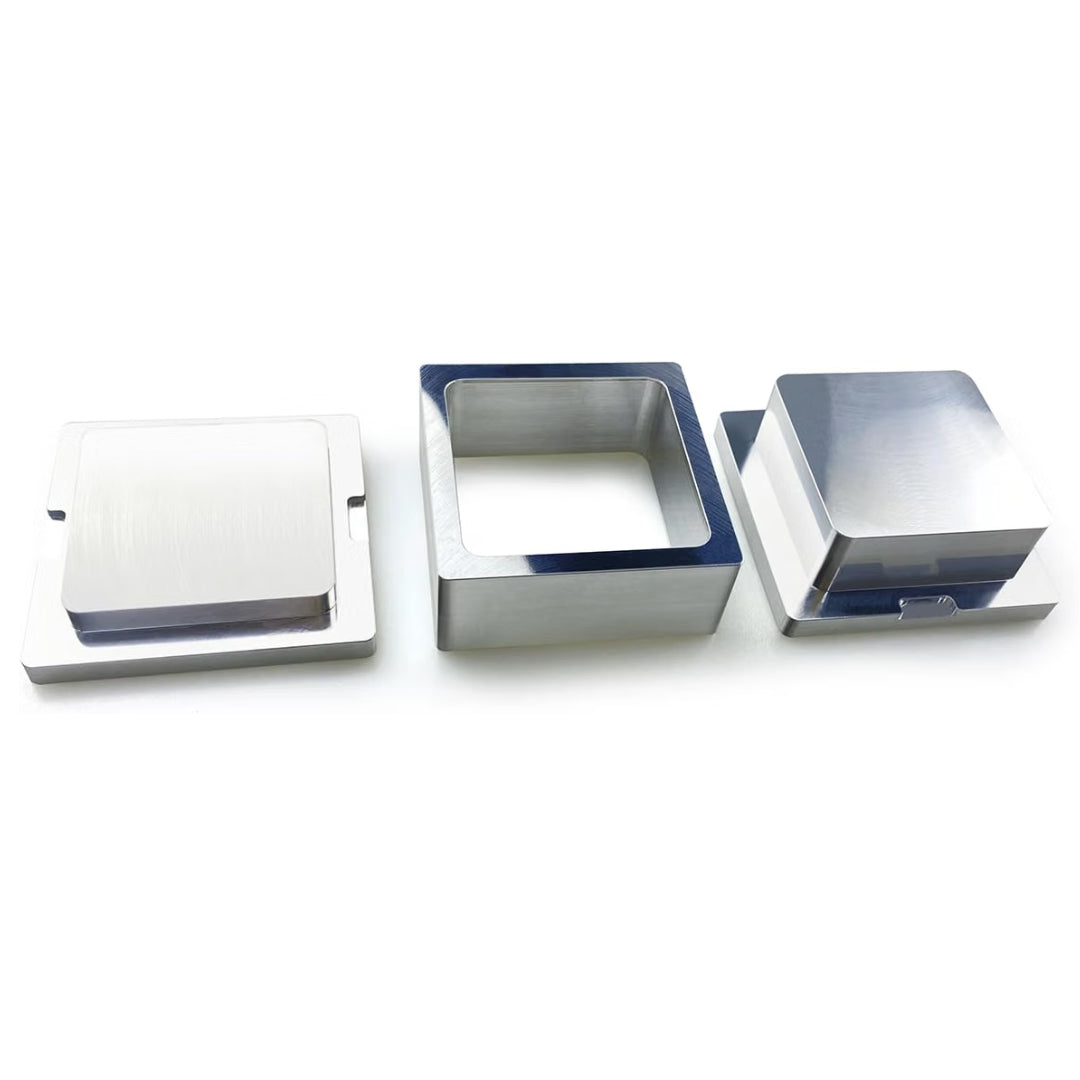 A metal pre-press rosin mould with a brushed silver finish, shown on a clean white background.