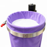 A close-up of a purple fabric filter bag, secured by a silver metal band and a black motor, on a white background.
