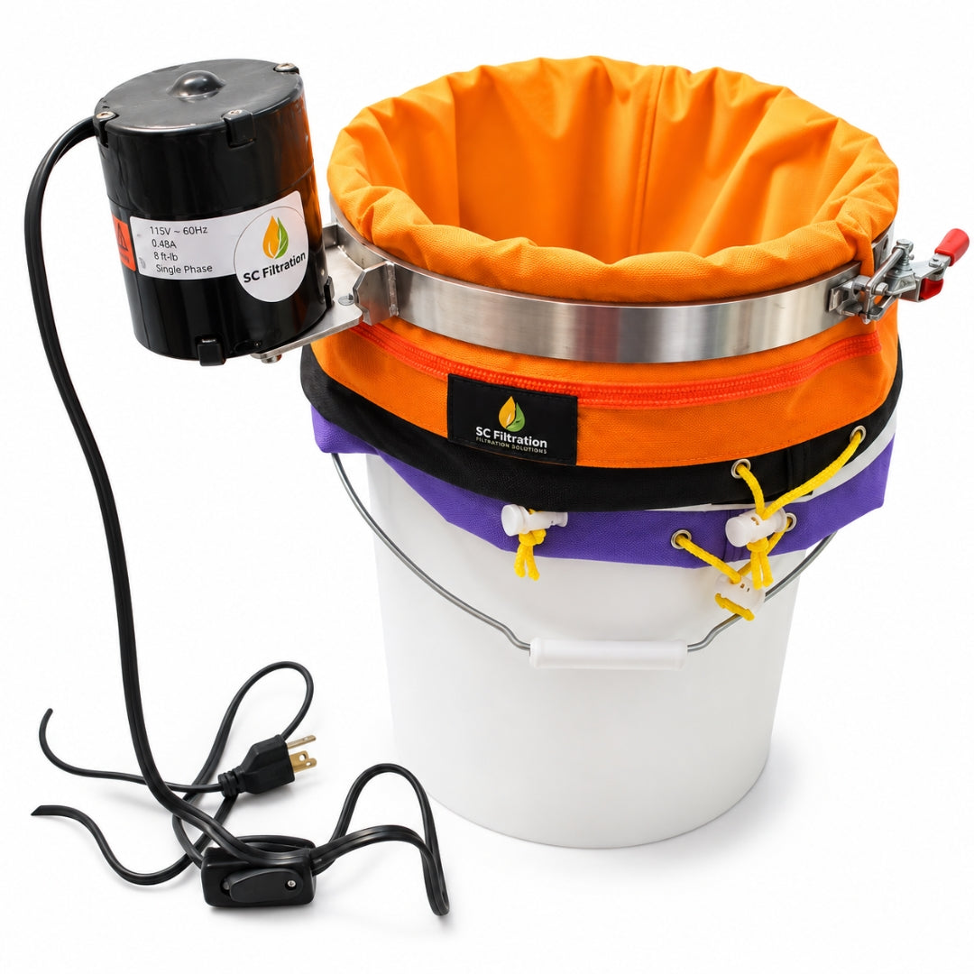 A single-phase motorized vibrating band, orange and purple filter bags, shown mounted on a white bucket against a white background.