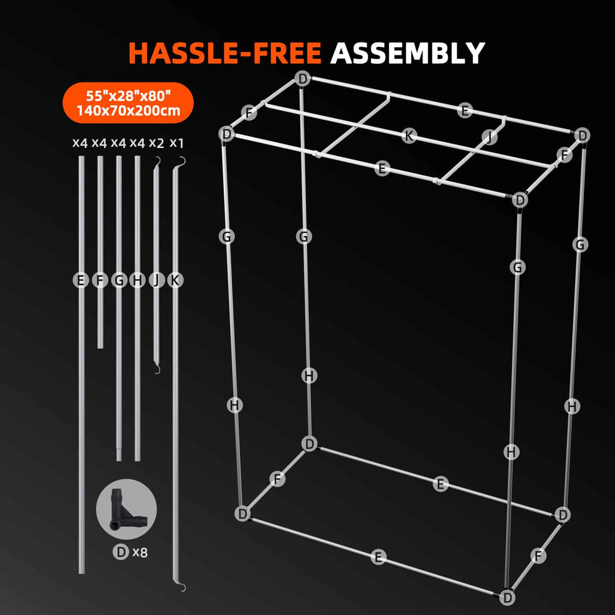 Diagram of a furniture assembly process with components labeled on a black background.