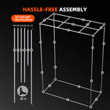 Diagram of a furniture assembly process with components labeled on a black background.