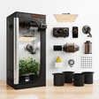 Glowing black grow tent with accessories on a white background