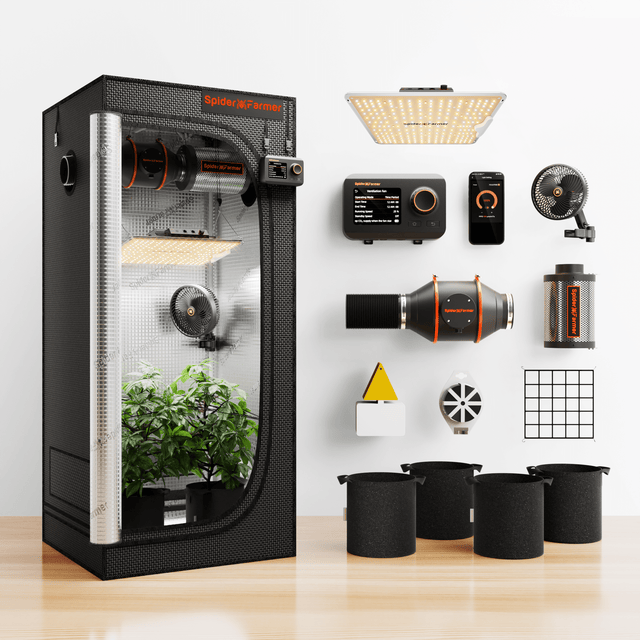 Glowing black grow tent with accessories on a white background