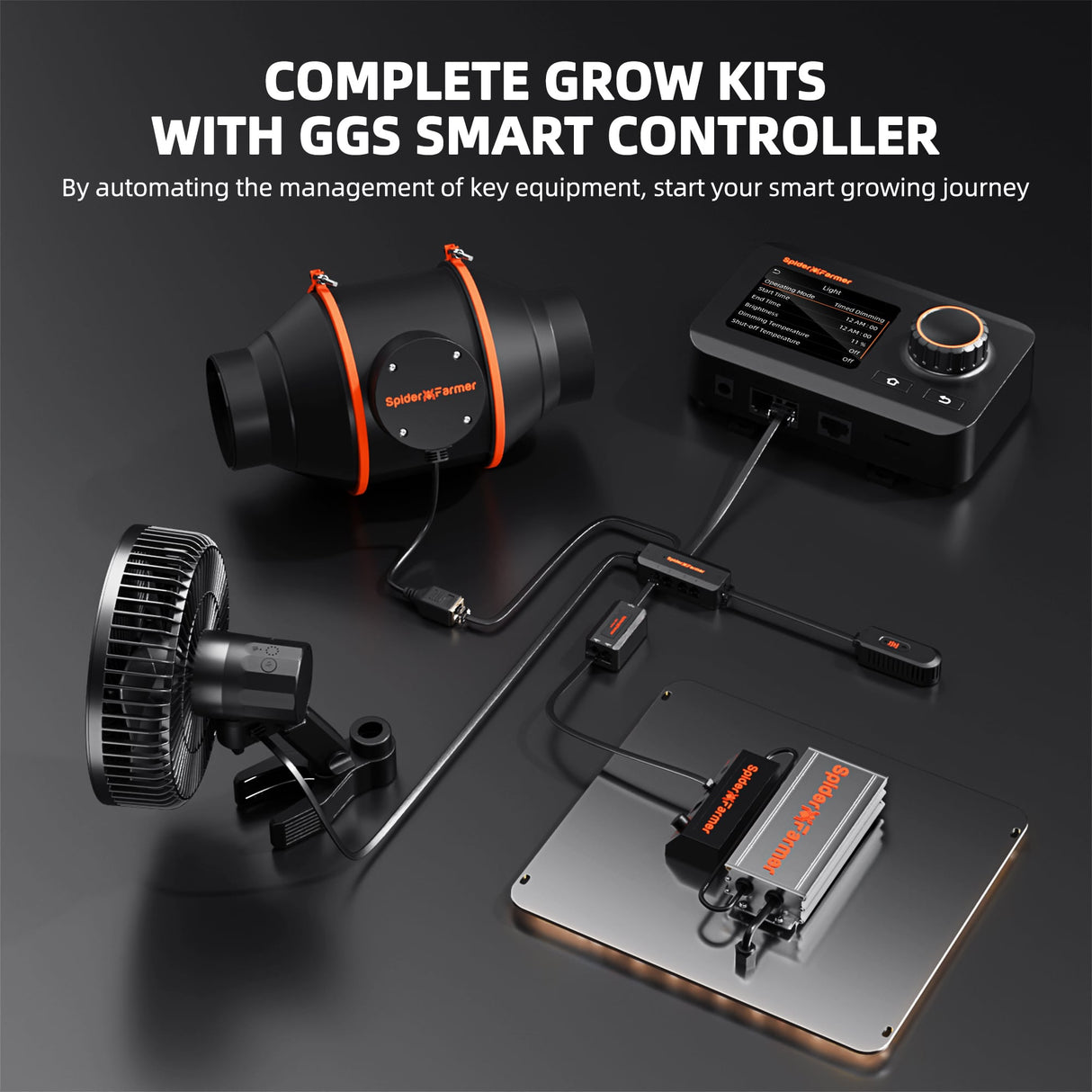 Complete grow kit with GGS smart controller on a dark background