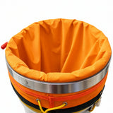 Close-up of an orange hash bag liner with a wide silver metal band, shown against a white background.
