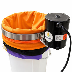 A single-phase motorized vibrating band, orange and black filter bags, shown mounted on a white bucket against a white background.