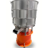A stainless steel industrial sieve with a bright orange base, shown on a clean white background.
