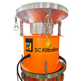 An orange and stainless steel industrial filtration machine with a control panel, springs, and a black power cord, branded with 'SC Filtration' on the side, set against a plain white background.