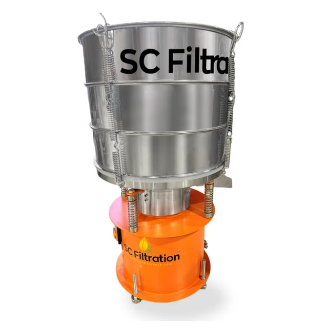 A Sambo Creek - Plasmatic Sift Screening Kit, featuring a large stainless steel cylindrical container mounted on a bright orange base unit with visible SC Filtration branding.