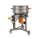 A stainless steel industrial vibrating sieve or classifier on a wheeled metal stand, featuring an orange motor housing, isolated on a white background.