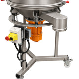 A stainless steel industrial vibrating sieve or classifier on a wheeled metal stand, featuring an orange motor housing, isolated on a white background.