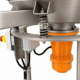 A stainless steel industrial vibrating sieve or classifier on a wheeled metal stand, featuring an orange motor housing, isolated on a white background.