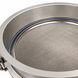 Close-up of a stainless steel mesh screen or filter with a brushed metal rim and a blue sealing ring, shown on a white background.