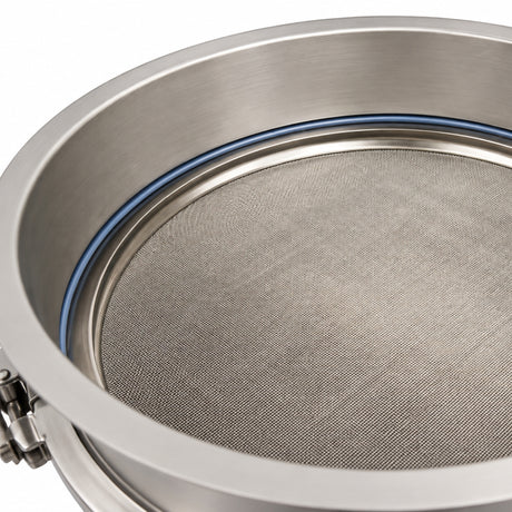 Close-up of a stainless steel mesh screen or filter with a brushed metal rim and a blue sealing ring, shown on a white background.