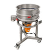 A stainless steel industrial vibrating sieve or classifier on a wheeled metal stand, featuring an orange motor housing, isolated on a white background.