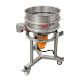 A stainless steel industrial vibrating sieve or classifier on a wheeled metal stand, featuring an orange motor housing, isolated on a white background.