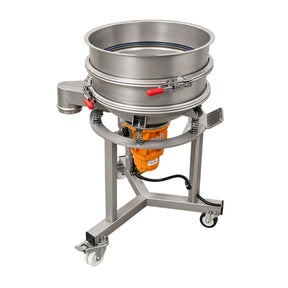 A stainless steel industrial vibrating sieve or classifier on a wheeled metal stand, featuring an orange motor housing, isolated on a white background.
