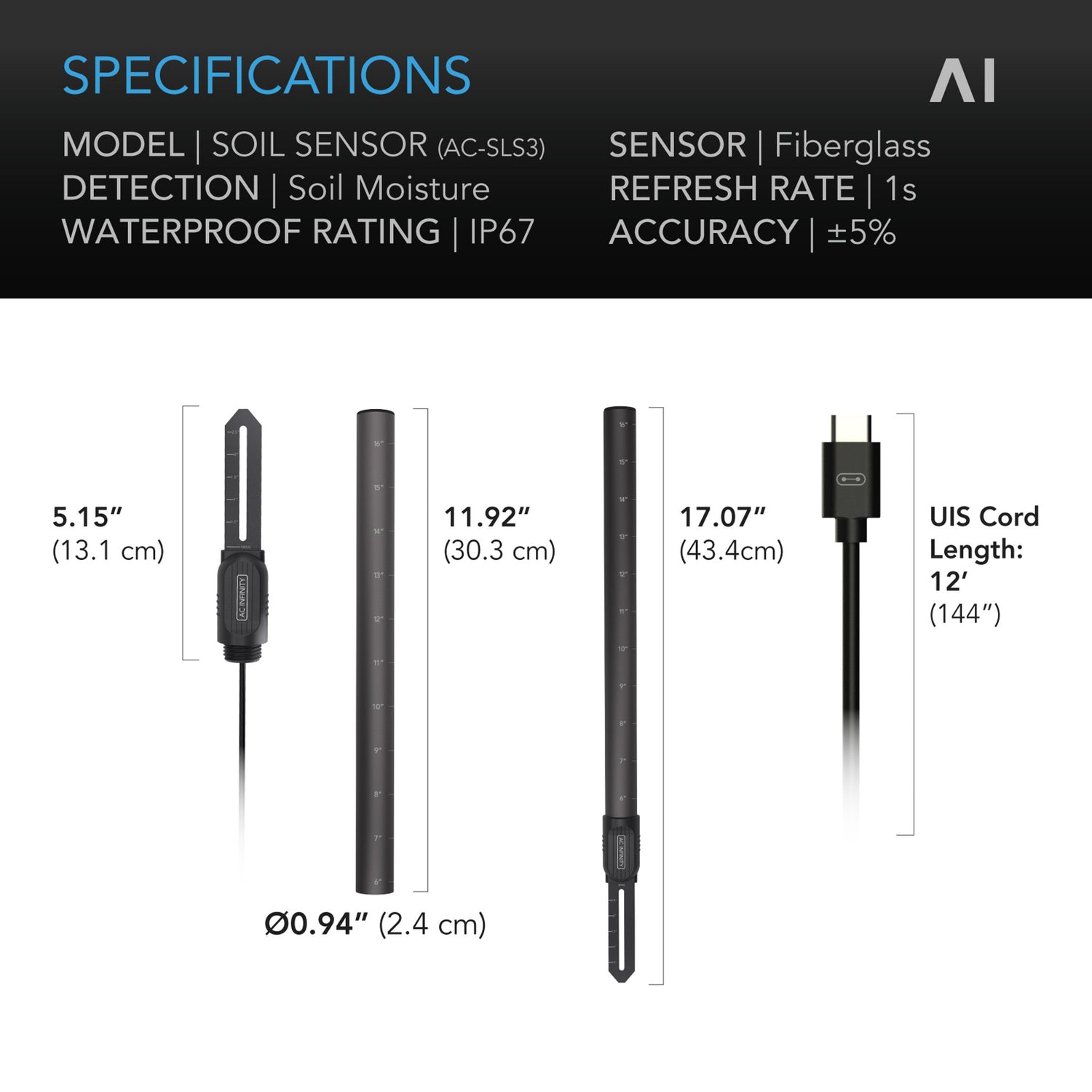 Soil Sensor for Controller AI+, Monitors Moisture and Saturation
