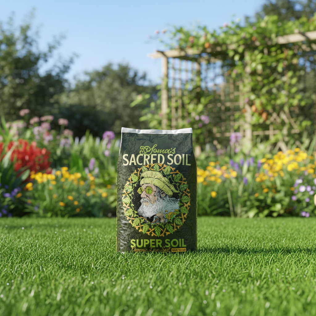 Bag of 'Soma's Super Soil' organic live soil with a design featuring a face and greenery in a sunny garden