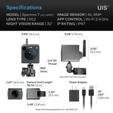 Technical specifications and features of a surveillance camera system on a white background.
