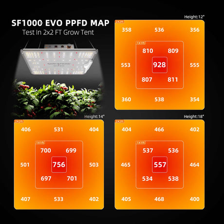 SF1000 EVO PPFD map with LED light and plant growth data in a 2x2 FT grow tent.