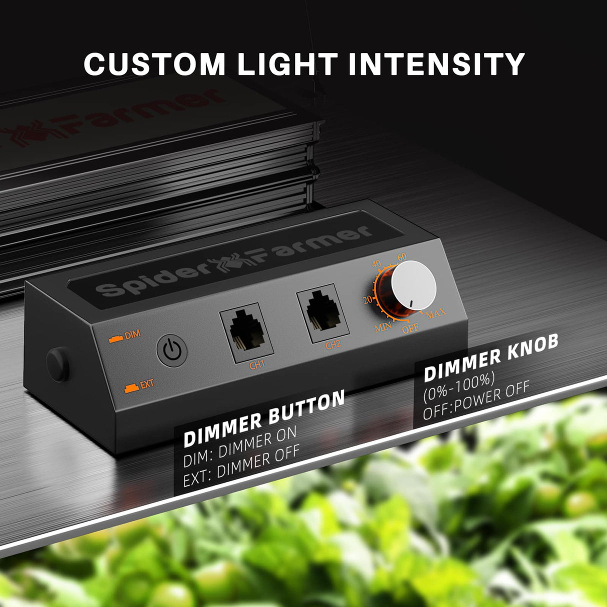Spider Farmer grow light control panel with dimmer knob and button on a black background.