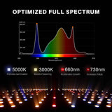 Optimized full spectrum light with wavelength graph and color temperature indicators on a dark background.