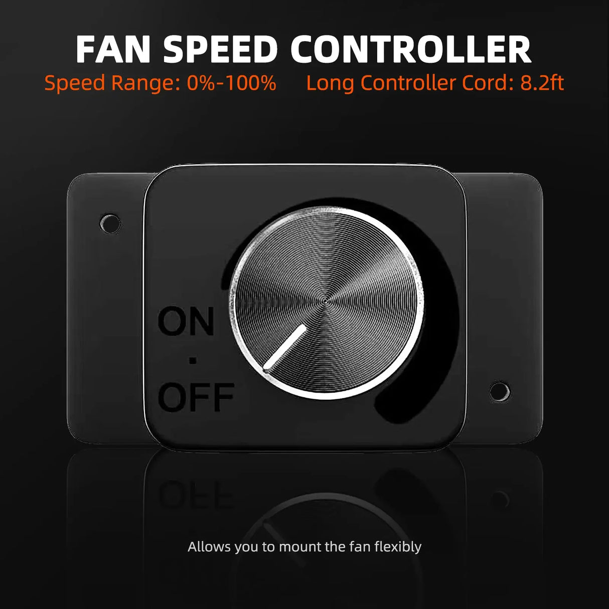 Fan speed controller with a black background and text detailing features.