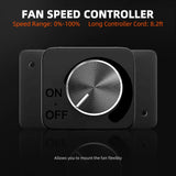 Fan speed controller with a black background and text detailing features.
