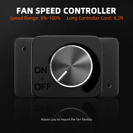 Fan speed controller with a black background and text detailing features.