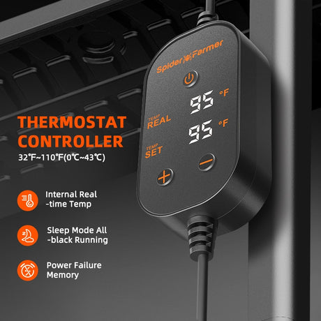 Spider Farmer thermostat controller with digital display on a dark background