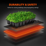 Spider-Farmer heat mat with a tray of green seedlings on it with 'Durability & Safety' text.