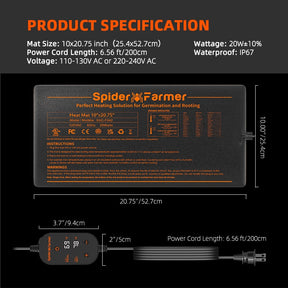 Spider Farmer heat mat with specifications and dimensions on a black background