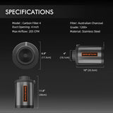 Carbon Filter 4 specifications with dimensions and material details on a black background