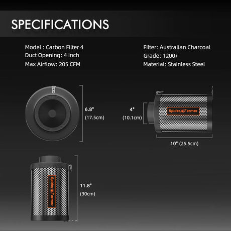 Carbon Filter 4 specifications with dimensions and material details on a black background