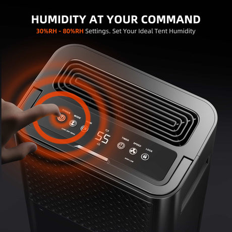 Spider Farmer dehumidifier control device with digital display and hand adjusting settings on a dark background
