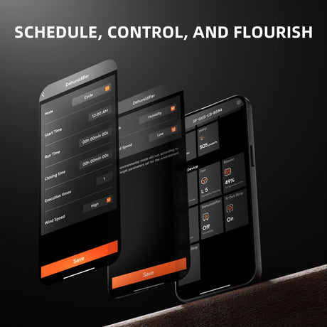 Three smartphone screens displaying Spider Faarmer dehumidifier app interfaces with text 'Schedule, Control, and Flourish' on a dark background. 