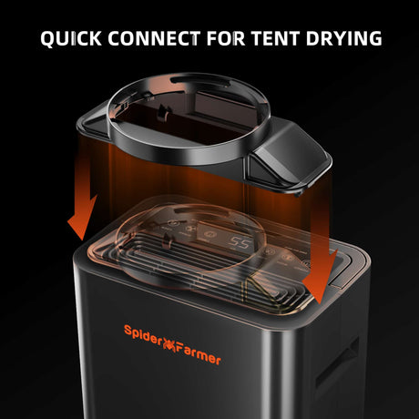 Spider Farmer black tent dryer with Spider Farmer logo and text 'Quick Connect for Tent Drying' on a black background.
