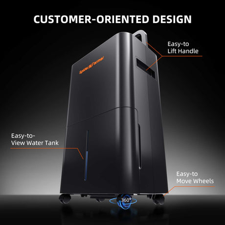 Spider Farmer black dehumidifier with features highlighted on a dark background