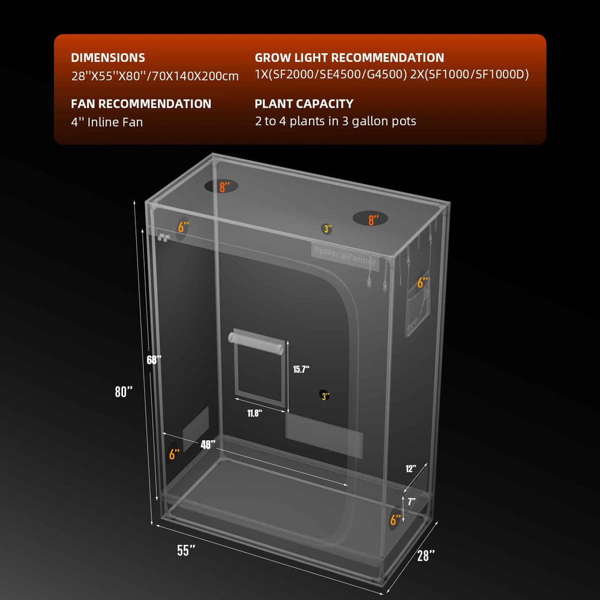 Clear grow tent with dimensions and setup recommendations on a black background