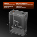 Clear grow tent with dimensions and setup recommendations on a black background